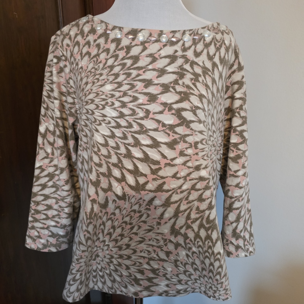 Ruby Rd. Pink and Taupe Swirl Boatneck Top with Pearl Trim